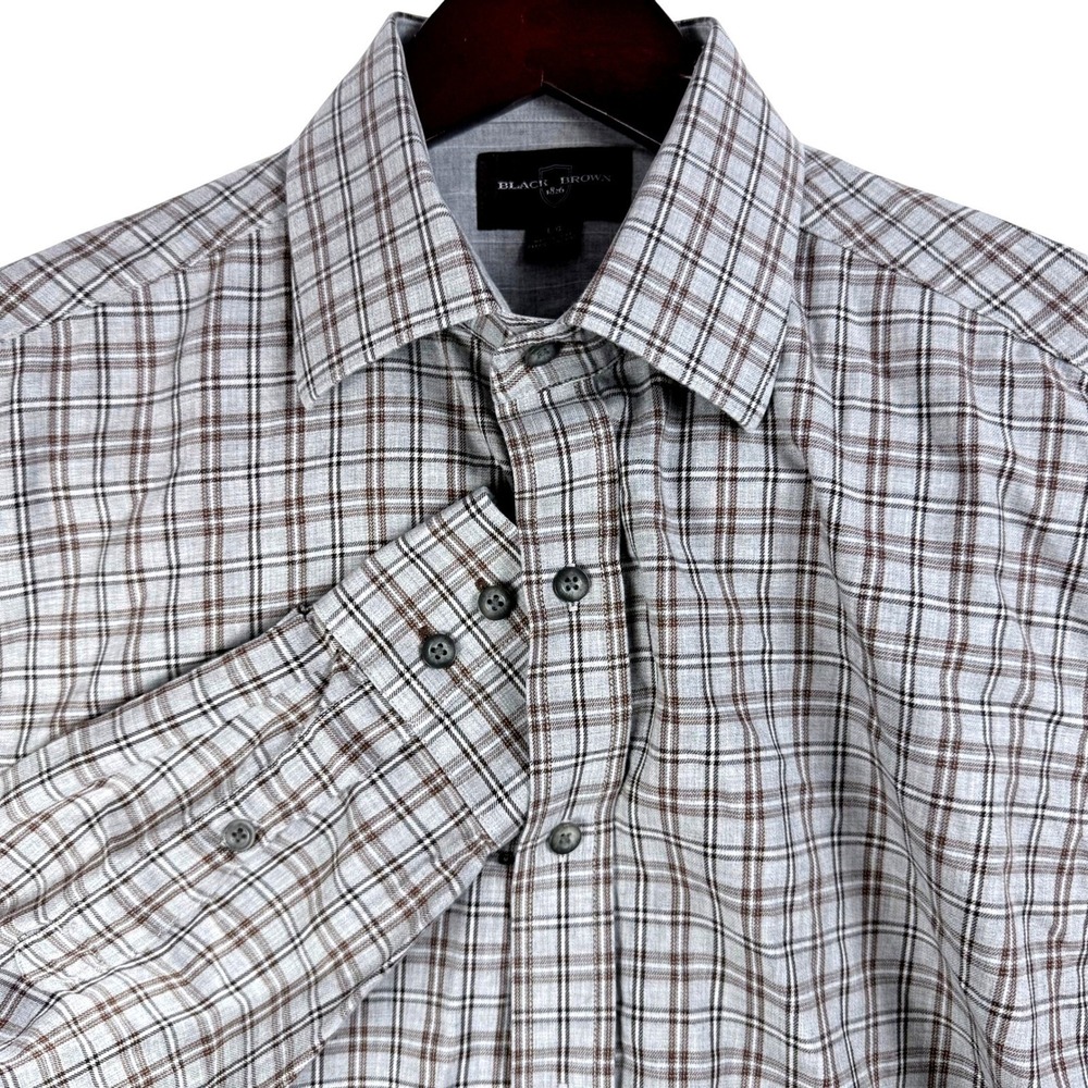 Black Brown 1826 Mens Plaid Button Down‎ Shirt Long Sleeve Cotton Brown Grey L